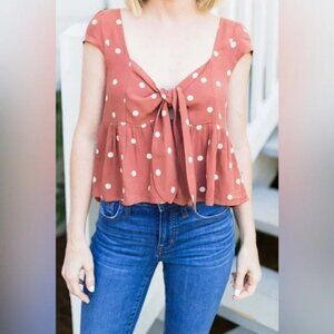 American Eagle Women's Polka Dot Tie Front Babydoll Top in Brown/Cream - Sz M